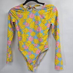 Yellow 70s style daisy print One Piece Swimsuit Rashguard Small